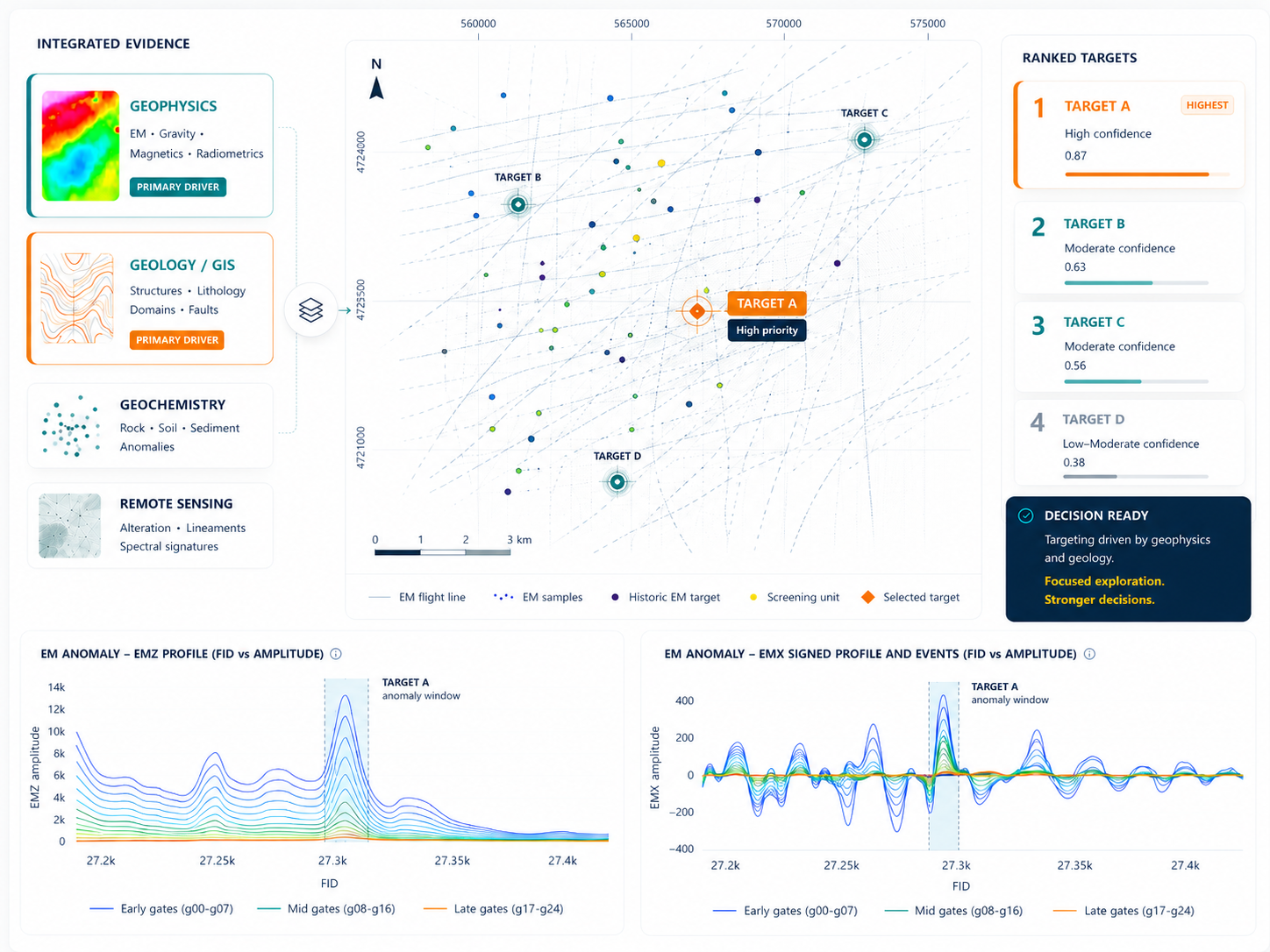 Integrated geoscience targeting dashboard with evidence layers, EM anomalies, ranked targets and decision-ready outputs.
